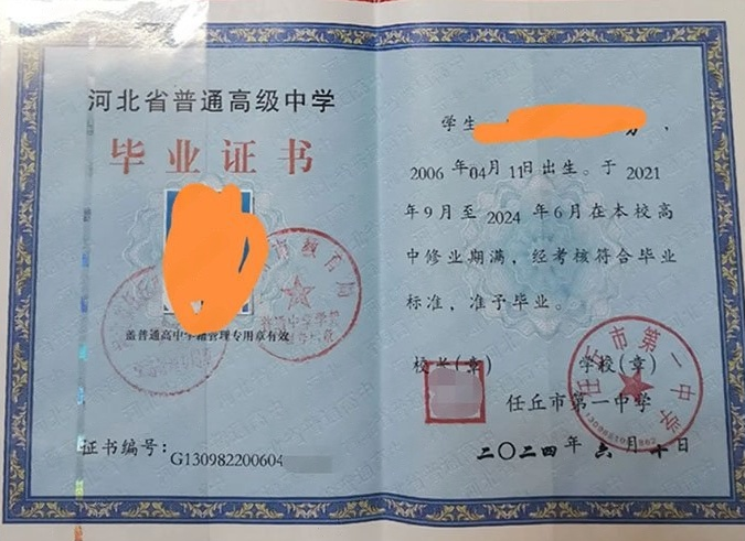 小店区(人口含高新经济区)任丘市第一中学高中毕业证样本图片